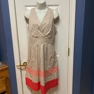 Women’s Corey P A Line Dress Size 12 Pleat V-neck Sleeveless Color block Coral.